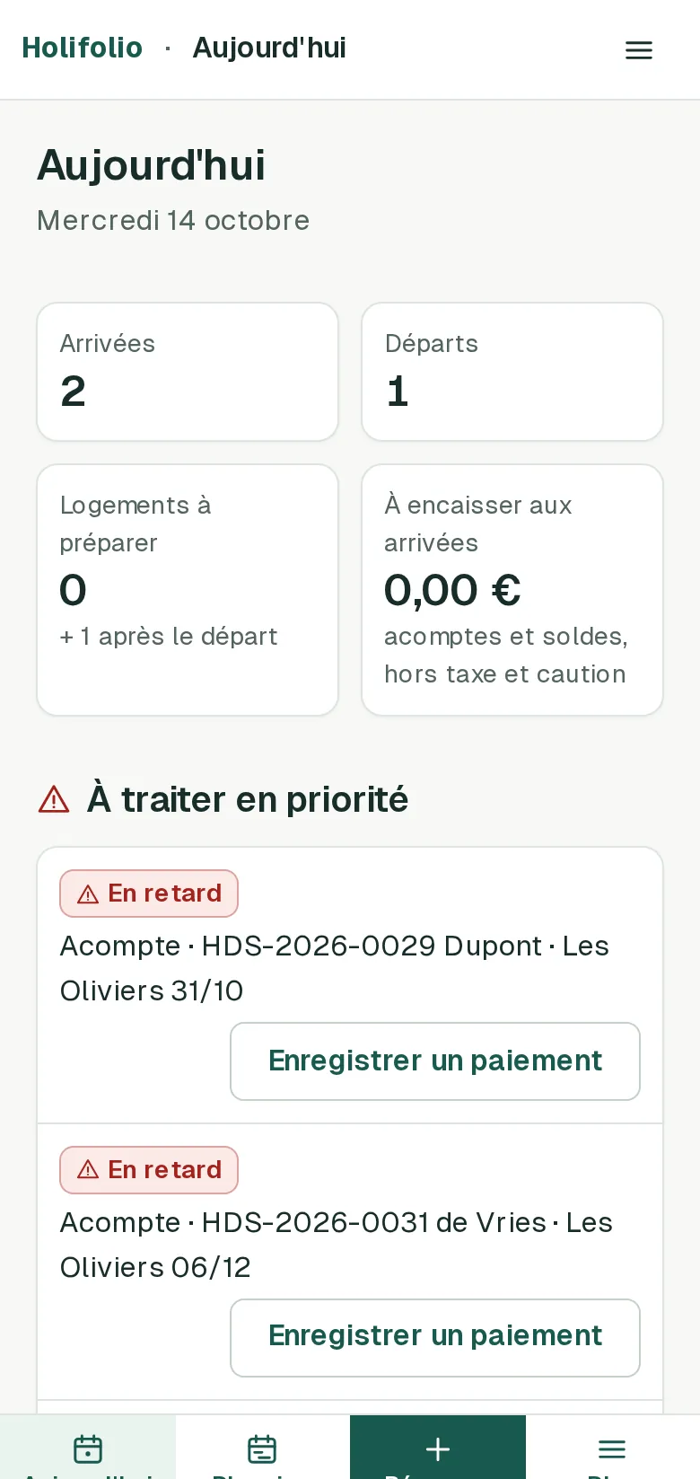 Holifolio sur téléphone : le résumé du jour et le premier paiement en retard à enregistrer.