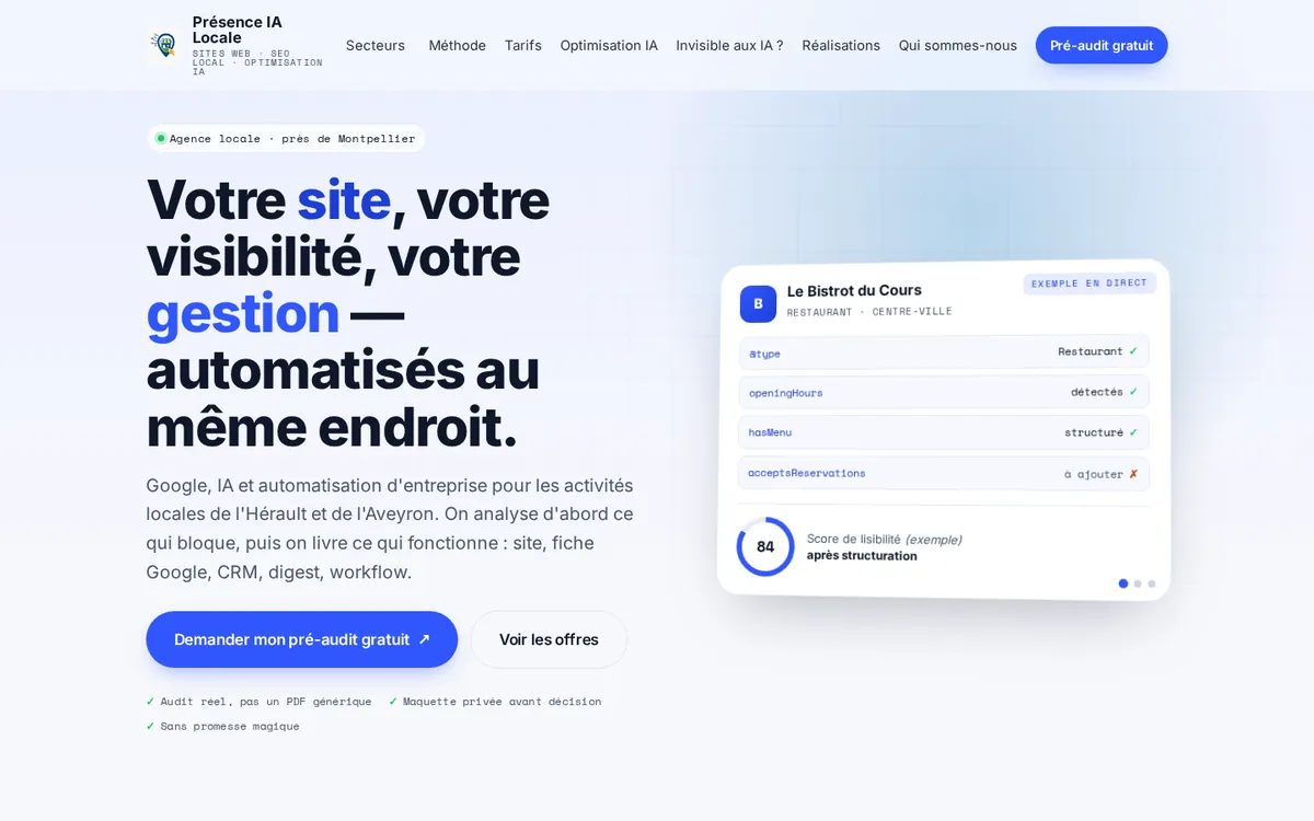 Accueil de presenceialocale.fr : le titre de l'agence et un exemple de score de lisibilité par les IA.