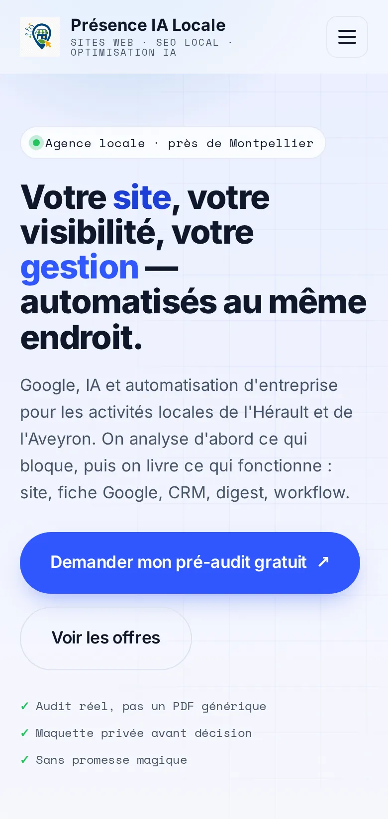 Accueil de presenceialocale.fr sur téléphone.