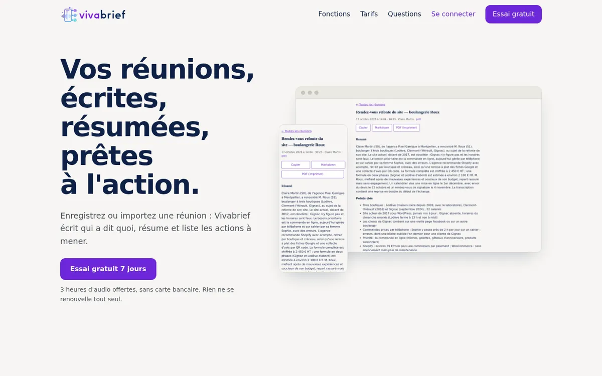 La page d'accueil de Vivabrief : « Vos réunions, écrites, résumées, prêtes à l'action »