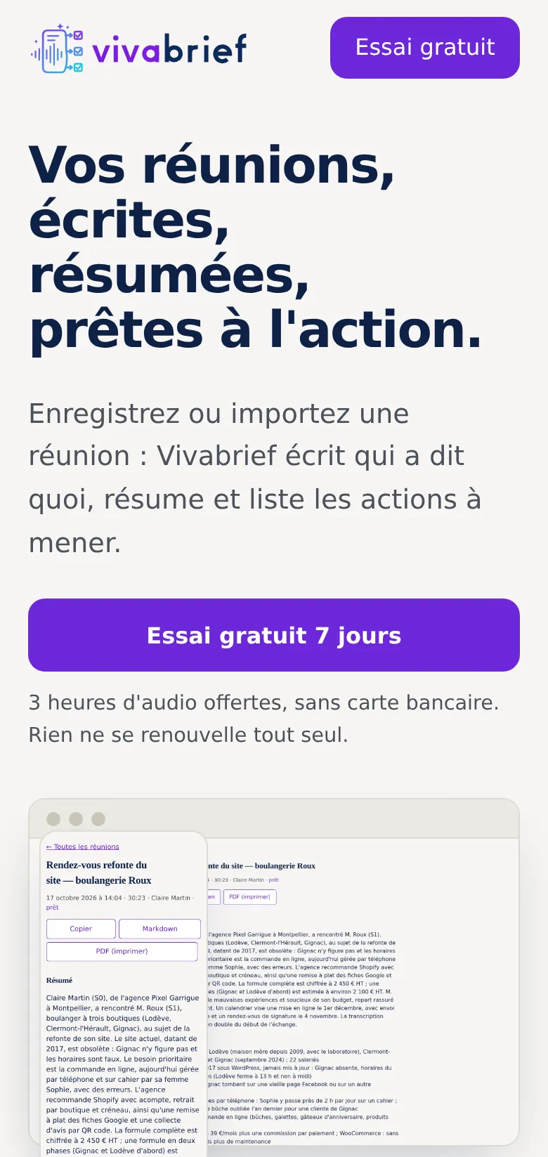 La page d'accueil de Vivabrief sur téléphone : accroche et bouton d'essai gratuit de 7 jours