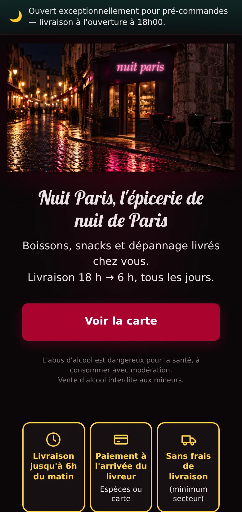 La boutique VivaComptoir d'une épicerie de nuit qui livre de 18 h à 6 h, sur téléphone