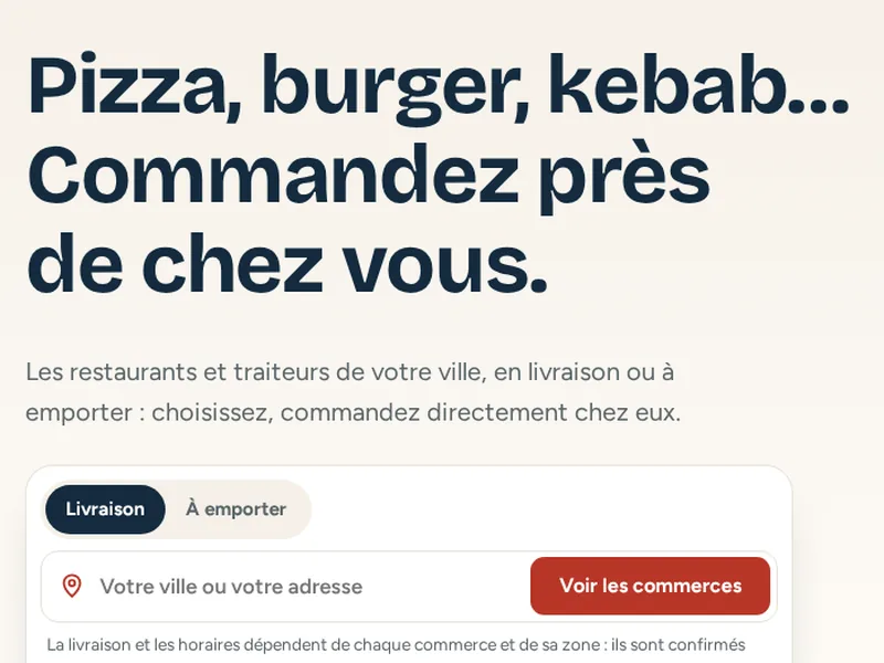 The vivacorner.com home page: choose delivery or takeaway, then your town or address.