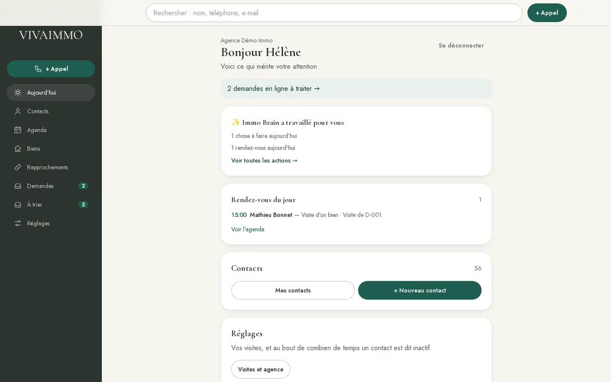 L'écran « Aujourd'hui » de VIVAIMMO sur ordinateur : demandes à traiter, rendez-vous du jour, contacts ; agence fictive de la démo