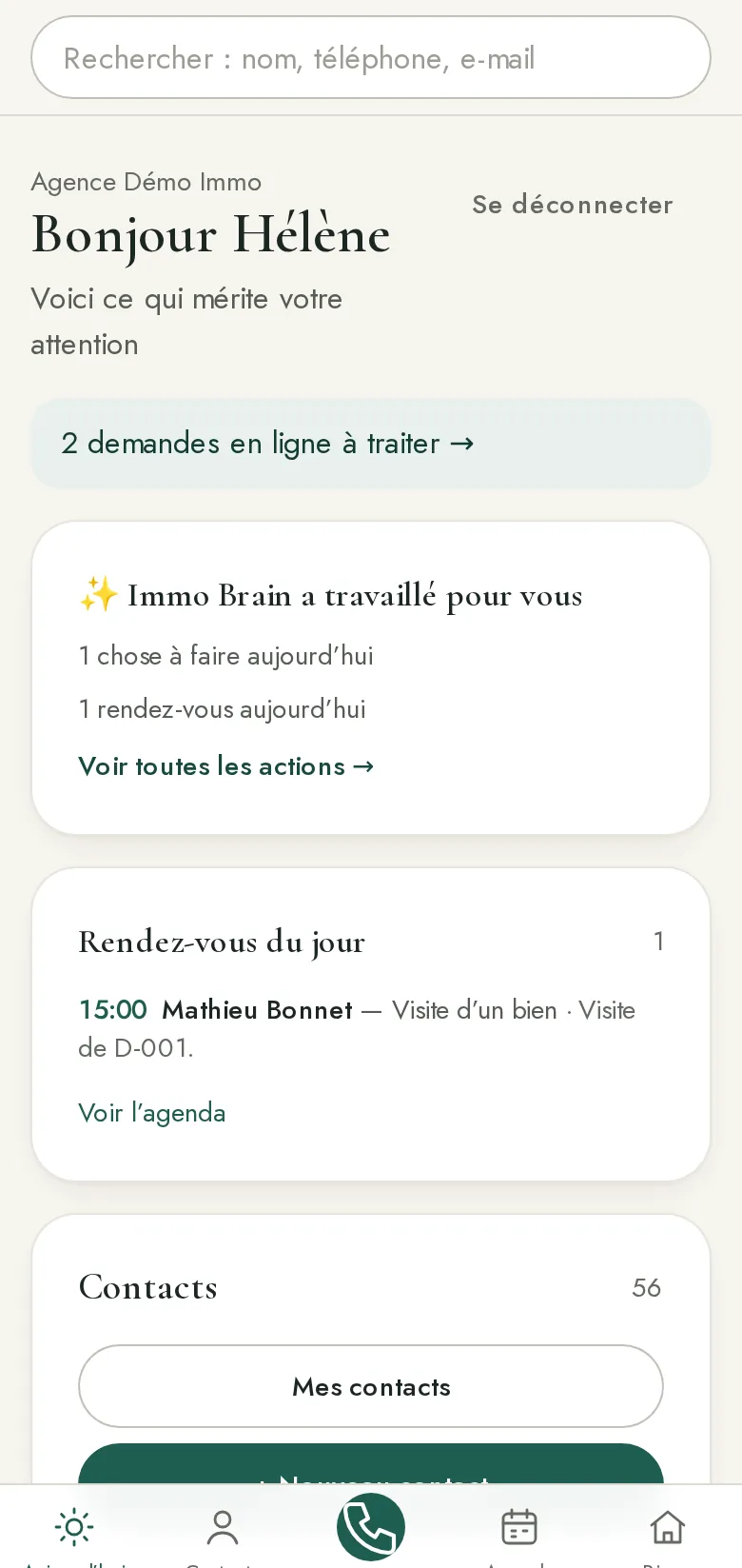 L'écran « Aujourd'hui » de VIVAIMMO sur téléphone : demandes à traiter, rendez-vous du jour, contacts ; agence fictive de la démo