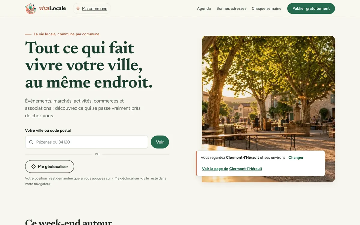 La page d'accueil de VivaLocale : « Tout ce qui fait vivre votre ville, au même endroit », avec recherche par ville ou code postal