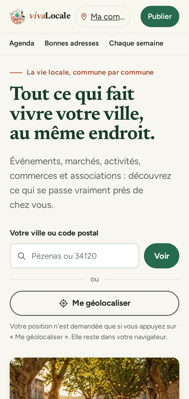 La page d'accueil de VivaLocale sur téléphone