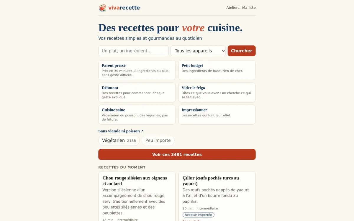 La page d'accueil de Viva Recette : « Des recettes pour votre cuisine », recherche par plat ou ingrédient et par appareil