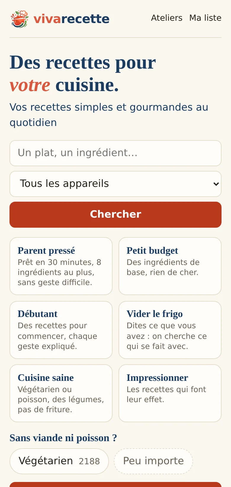La page d'accueil de Viva Recette sur téléphone : recherche, choix de l'appareil et situations d'usage