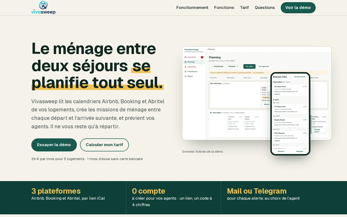 Le planning de la semaine de VivaSweep côté responsable de conciergerie, données fictives de la démo