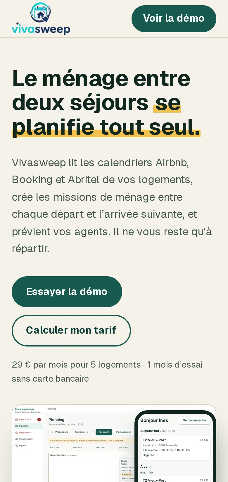 La fiche mission de VivaSweep sur téléphone, côté agent de ménage, données fictives de la démo